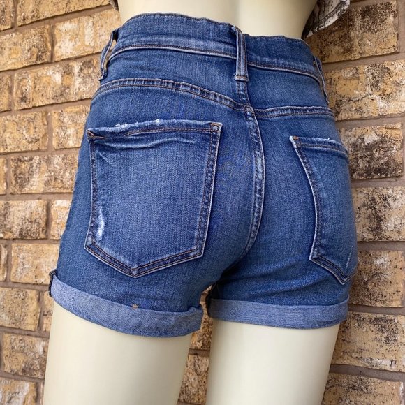 Express shortie high rise waist distressed shorts sz 00 roll cuff - Picture 6 of 8